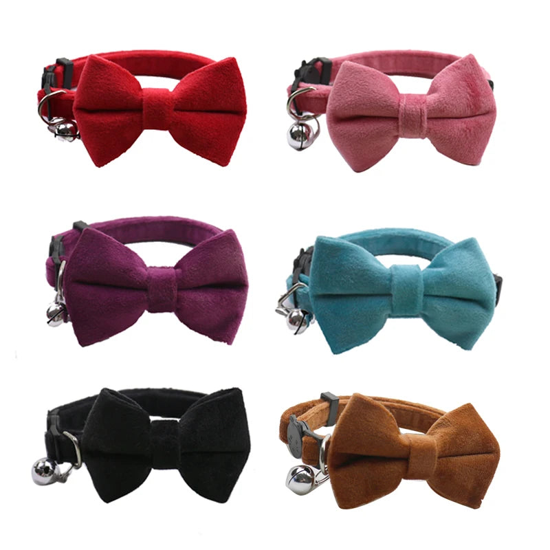 Adjustable Velvet Cat Collar with Movable Bowtie and Bell - Stylish and Safe Pet Accessory for Cats and Small Dogs - the hidden spot 